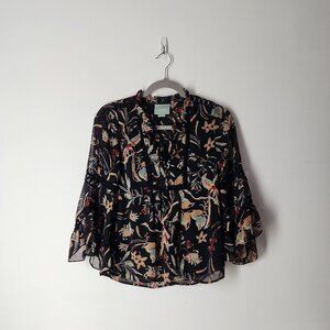 Anthropologie Maeve Birds Floral print Odette Peasant Blouse top  XS